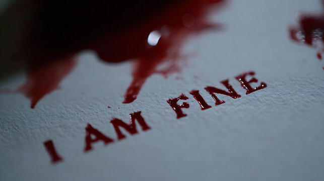 Anxiety and Deception: Red letters spell 'I AM FINE' with blood splatters on textured paper, conveying intense emotional distress and hidden pain