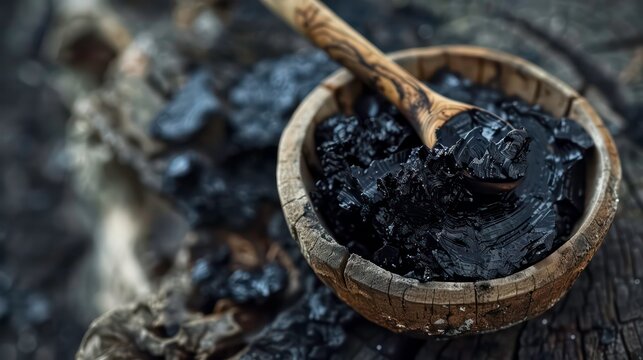 A wooden bowl filled with black tar and a wooden spoon.