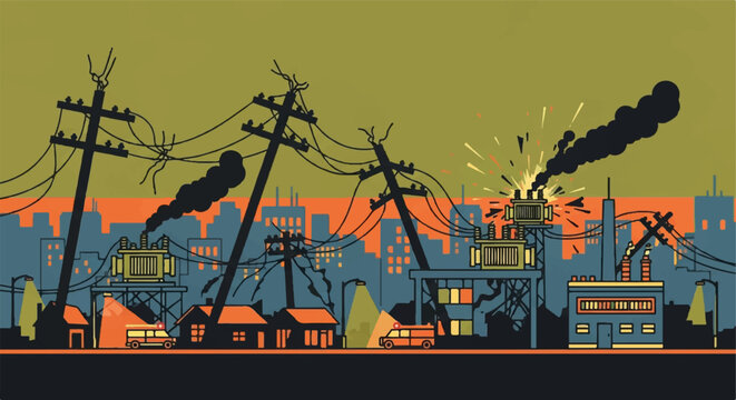 Illustrated power grid with electrical infrastructure and environmental elements