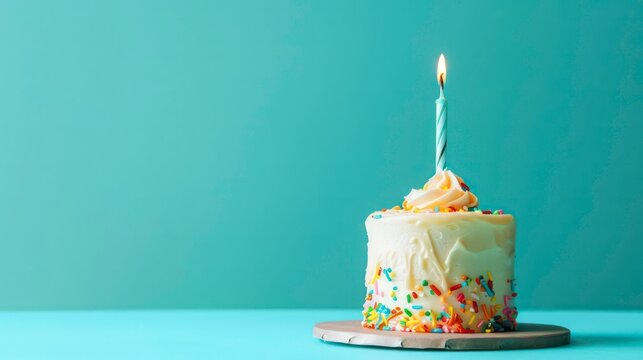Single birthday candle burning on a small frosted cake with colorful sprinkles on a blue background.