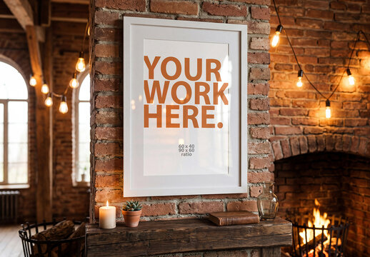 Vertical Photo Frame Mockup in loft interior with fireplace and light bulbs