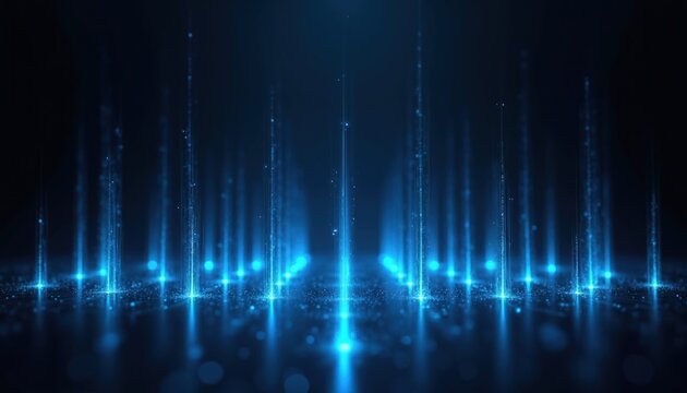 Digital data streams rise from dark surface. Glowing blue light lines create abstract tech background. Futuristic network or information flow visual concept.