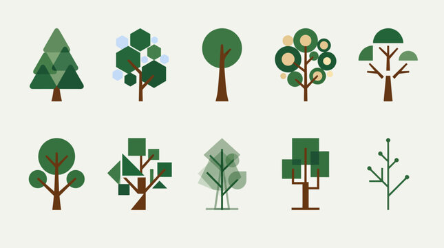 Diverse Illustrations of Trees in Minimalist Geometric Style for Design