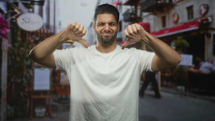 Fototapeta premium Man with beard shows thumbs down, bare thumbs visible, wearing white tshirt, standing and looking left in a street cafe with awning, menu board and outdoor chairs; disapproval critique.