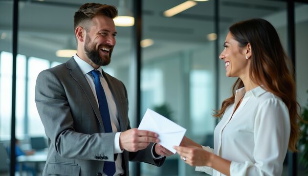 Smiling man in suit gives envelope to happy woman in office. Businesspeople share reward for job success. Colleagues celebrate achievement with financial gift for good work.