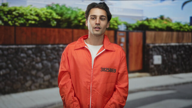 Man in orange jumpsuit stands with hands clasped and inmate number visible on street, looking sideways; isolation reflection.