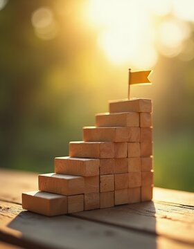 Wooden blocks form a staircase to a yellow flag symbolizing goal achievement and growth. Sunrise light illuminates the upward path towards success, representing ambition and overcoming challenges.