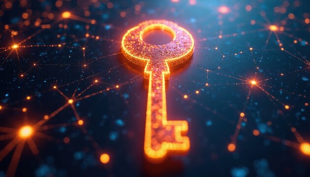 Glowing key symbol central to digital network. Represents secure data transmission, encryption, and futuristic communication tech. Offers access to protected info.