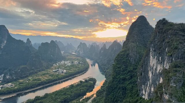 Scenic aerial view of Yangshuo karst mountains at sunrise