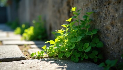 Obraz premium Bright green plant sprouts from concrete pavement. Small leaves grow near stone wall. Sunlight casts strong shadows on path. Nature persists.