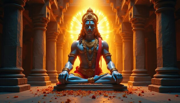 Blue hindu god idol sits in lotus pose within ancient temple columns. Bright aura shines behind deity figure. Orange flower petals scatter on stone floor around seated statue. Religious, spiritual,