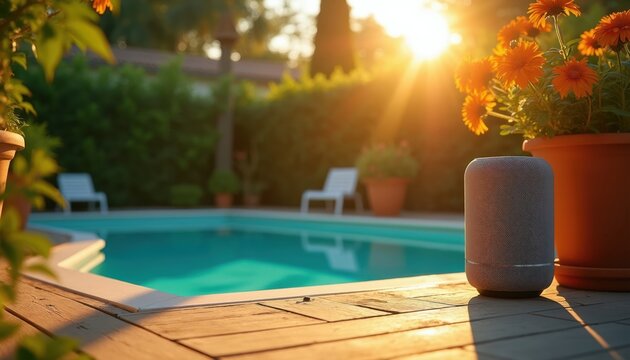 Smart speaker sits near bright blue swimming pool at golden hour dawn. Orange flowers bloom in pot. Wooden deck area offers sunlit calm patio.