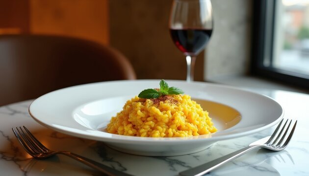 Bright yellow risotto dish garnished with mint leaf and cinnamon on white plate with red wine glass. Forks wait on marble table at restaurant. Delicious Italian food.