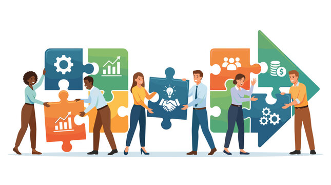 A team of diverse professionals collaboratively assembles a giant puzzle, symbolizing synergy and shared success as they build towards a common goal. Workforce Productivity 2D vector illustration