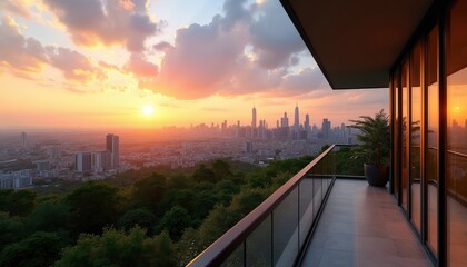 Obraz premium Balcony overlooks city skyline at sunset. Orange sun sets behind tall buildings. Lush green trees cover hills below. Modern architecture with glass facade.