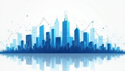 Fototapeta premium Blue abstract skyline with financial graph overlay. Modern city buildings reflect in water. Concept for business growth data analytics and urban development.