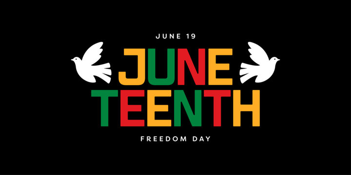 Juneteenth Freedom Day June 19 Web Banner Vector Design Template with Juneteenth Typography in Pan-African Flag Colours and White Doves Illustration. Juneteenth Design for Poster, Social Media, Banner