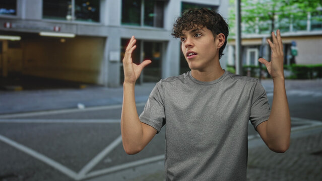 Man with hands raised gesturing while wearing gray t shirt, standing on street near a building entrance and curbside parking; curiosity reflection explanation.