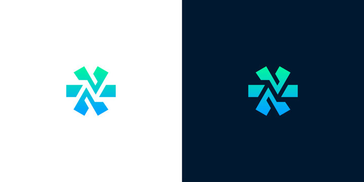 Modern abstract geometric logo design with gradient blue and green colors, displayed on white and dark backgrounds for versatility