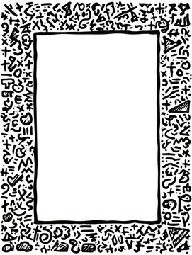 This doodle features a hand-drawn border filled with mathematical symbols and geometric shapes, leaving the center empty for use.