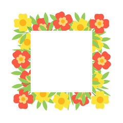 Fototapeta premium Red and yellow flowers with leaves, floral square frame. Vector illustration, flat style. Space for text.
