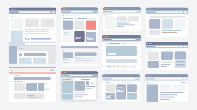 An organized grid of twelve distinct web browser windows displays various wireframe layouts on a clean and minimalist light grey background.