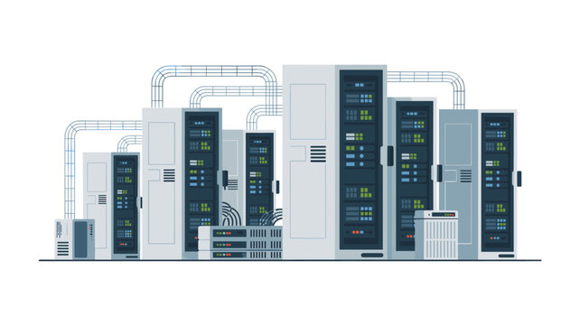 Multiple server racks with complex network cabling and visible hardware components are displayed in a clean flat front-facing illustration.