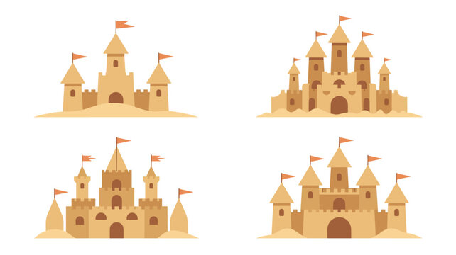 Four unique and detailed sandcastle designs featuring tall turrets and fluttering flags are arranged neatly on a crisp white background.