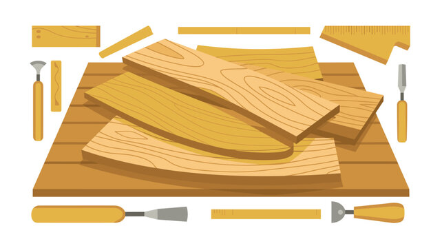 Various sharp carpentry chisels and raw wooden planks are arranged neatly on a flat workstation surface in this detailed craft scene.