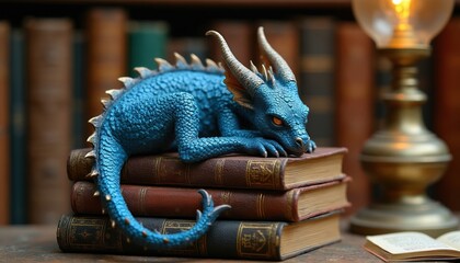 Obraz premium Blue dragon figurine rests on stack of old books. Vintage lamp glows nearby. Library background with shelves. Detailed scales, horns, and tail. Scholarly fantasy scene.