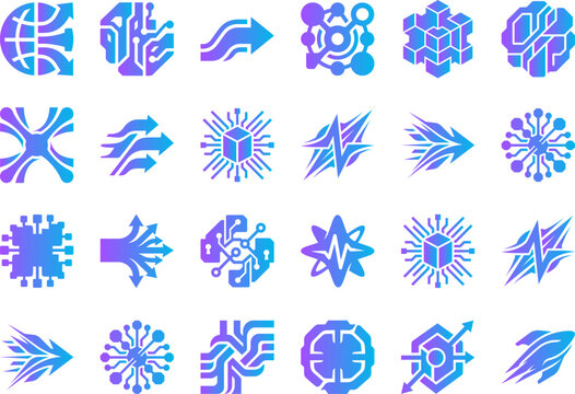 Abstract geometric icons with circuit board and brain motifs, representing technology, intelligence, and innovation.