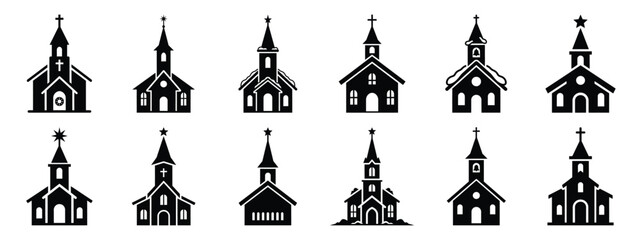 Obraz premium christmas church icon set silhouette Vector illustration. Christmas vector icons and white background.