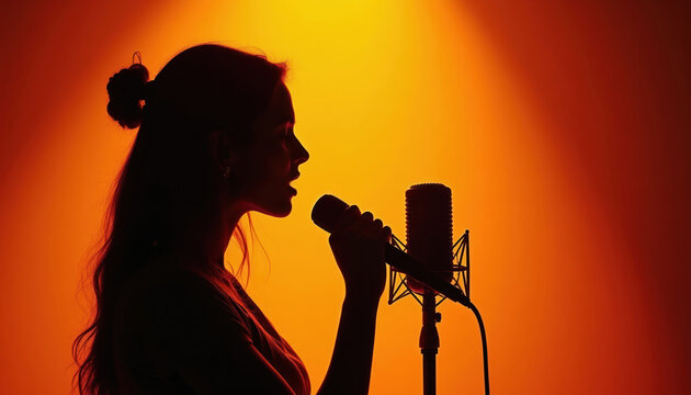 Woman sings into microphone. Silhouette against orange backdrop. Artist performs song on stage. Vocalist shares voice in studio. Music and talent shine.
