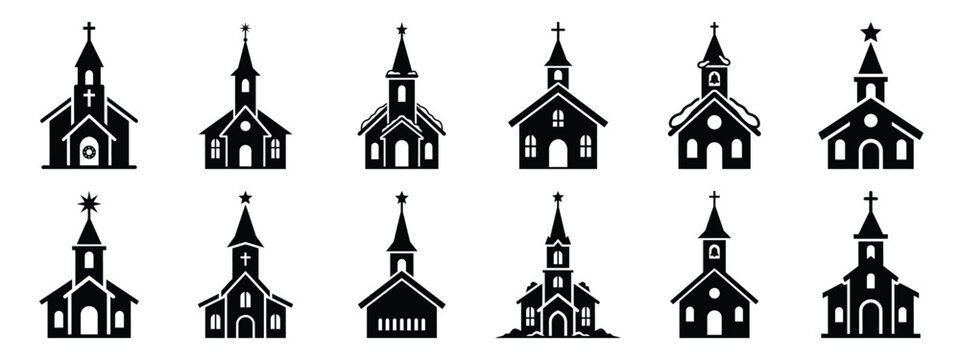 christmas church icon set silhouette Vector illustration. Christmas vector icons and white background.