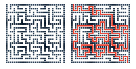 Fototapeta premium Labyrinth game grid, vector illustration style, black and red on white, puzzle solution visualization with solved path highlighted, educational brain teaser with copy space