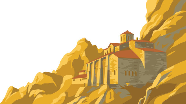 An ancient stone monastery rests securely upon a jagged golden mountain cliff face, standing out against a stark white background area.