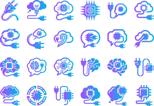 Technology icons set showing computer chips processors brains and cloud connectivity concept.
