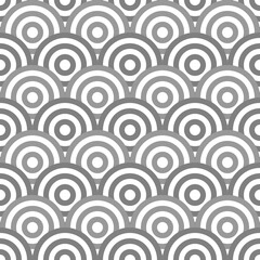 Fish scale wallpaper. Asian traditional ornament with repeated scallops. Repeated grey circles and semicircles on white background. Seamless surface pattern design with rings. Vinyl motif. Vector. © funkyplayer