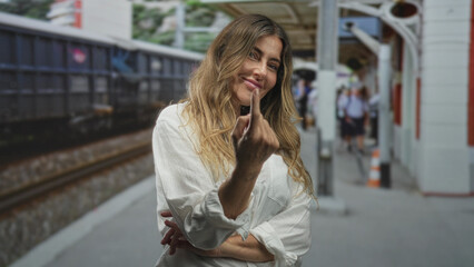 Fototapeta premium Woman shows middle finger with crossed arm, white shirt and long hair on crowded train platform building near rails; defiance rebellion.