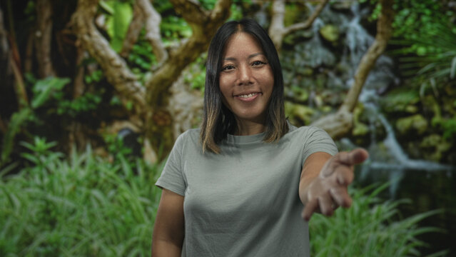 Woman reaches hand forward toward camera in a forest with green foliage and visible tree roots; welcome invitation connection.