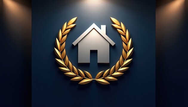 Silver house icon framed by golden laurel wreath. Symbolizes top quality real estate, best home award, luxury property excellence. Premium recognition for house choice.