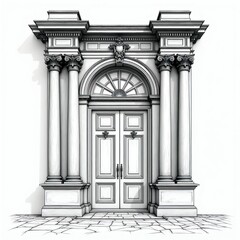Obraz premium Line art illustration of classical building entrance with double doors and ornate columns. Arched window above ornate doorway. Stone pavement in front of grand facade.
