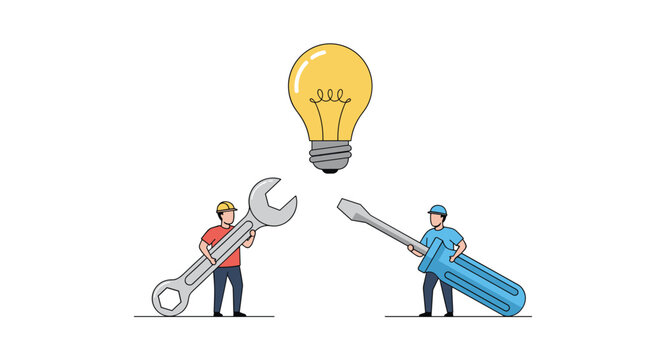 Two cartoon workers in protective headgear position a large wrench and a giant screwdriver around a central glowing lightbulb set against a plain white background.