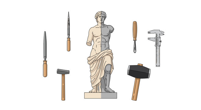 Partially sculpted classical Greek statue with various tools like chisels, hammer, and caliper, on a plain white background.