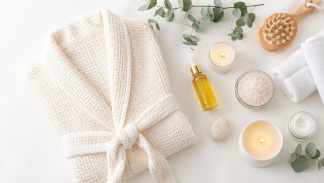 Luxury Spa Wellness Products with Bathrobe Candles and Natural Skincare Essentials
