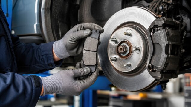 Automotive Mechanic Replacing Brake Pads During Vehicle Maintenance and Repair Service