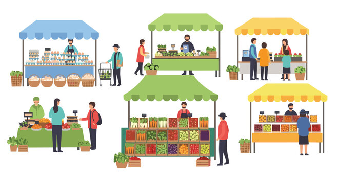 A collection of colorful flat-design marketplace stalls featuring diverse vendors selling various fresh organic produce and groceries to shoppers in a bright outdoor setting.