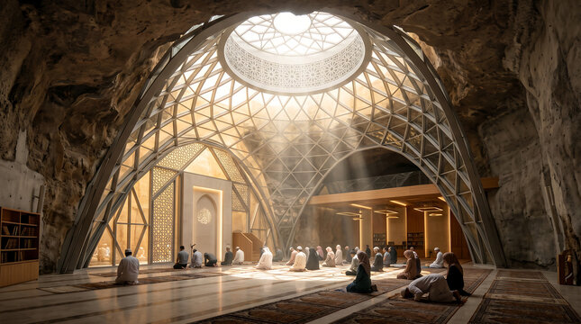 People praying inside a modern mosque with natural light streaming through the dome ai generated