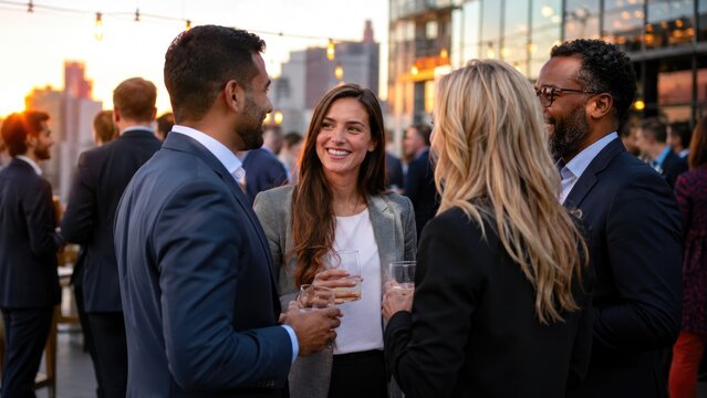 Business Professionals Networking and Socializing at Corporate Rooftop Event During Sunset