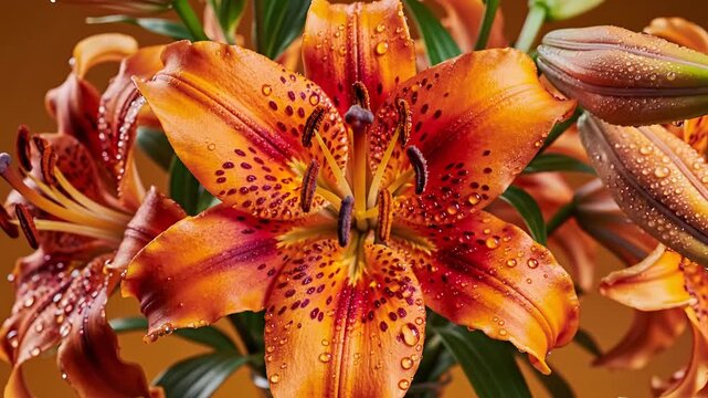 Closeup of a bouquet of vibrant orange tiger lilies with water droplets.